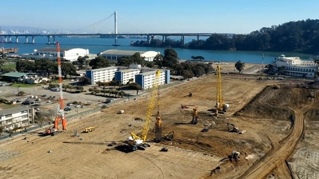 drone hyperlapse filmed on treasure island with the bay bridge in the distance
