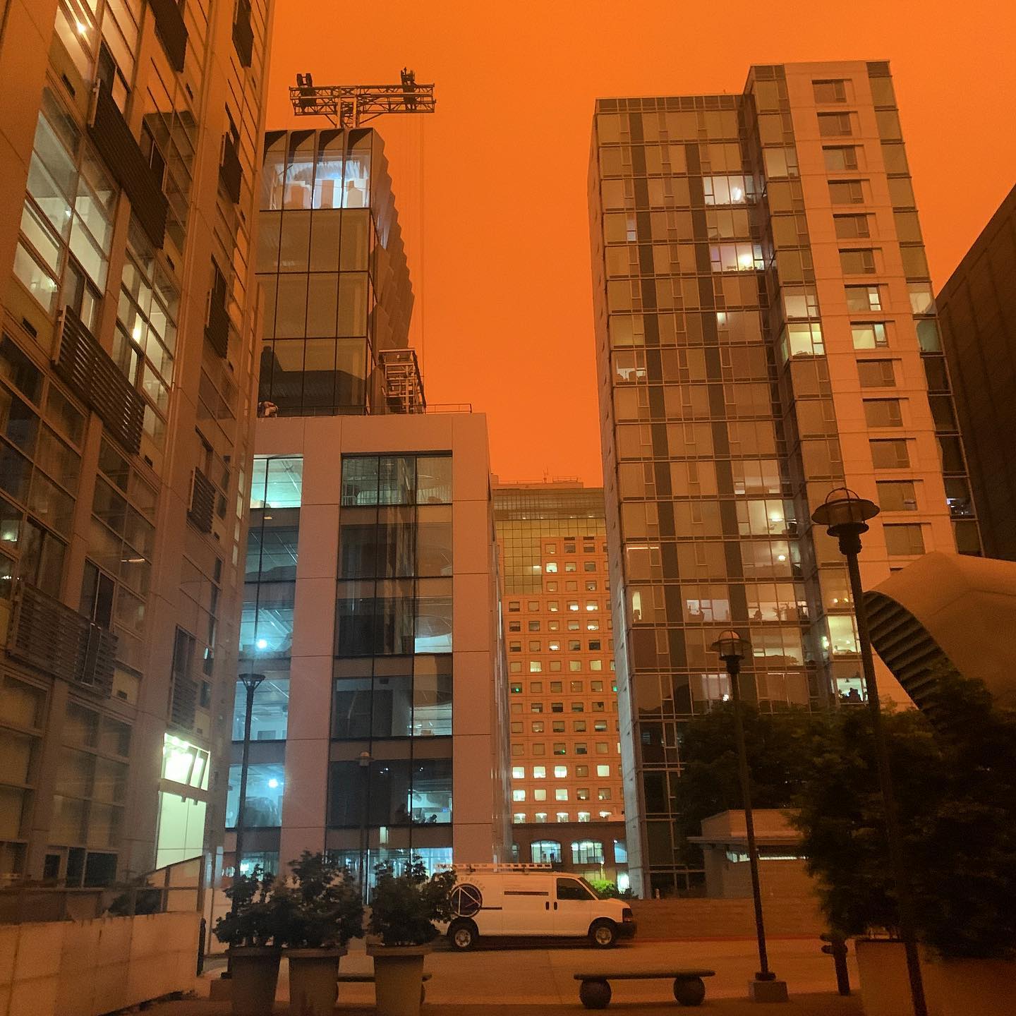 This is outside our building this morning as wildfire smoke in the atmosphere hovered over SF today blocking sunlight and turning the sky a dark, orange haze. It was like night during the day. Hoping the wind shifts and the smoke or ash doesn’t start to drift down. Air last week was pretty bad already. At least there’s no power outage at the same time.